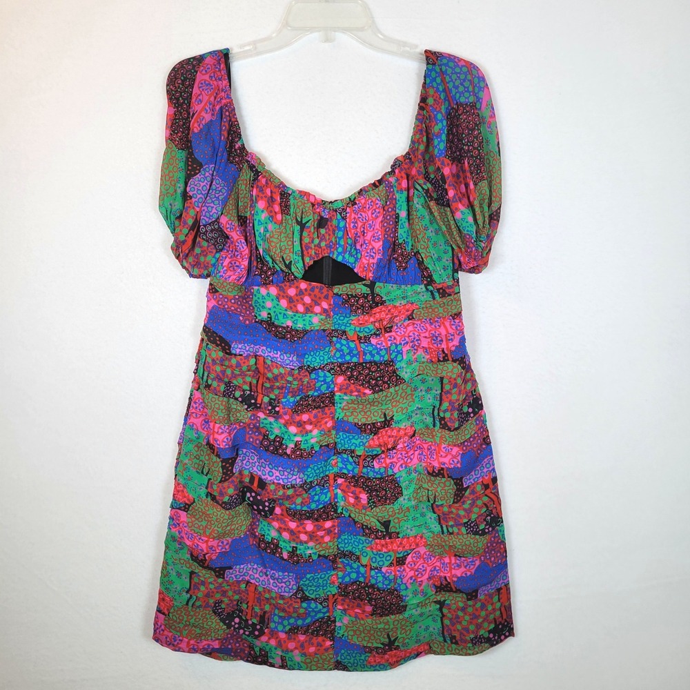 Rhode Womens Abstract Viscose Ruched Cut-Out Mini Dress Size 10 Black Clubwear